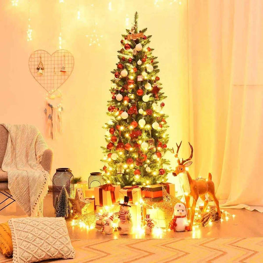 6 Feet PVC Hinged Pre-lit Artificial Fir Pencil Christmas Tree with 150 Lights