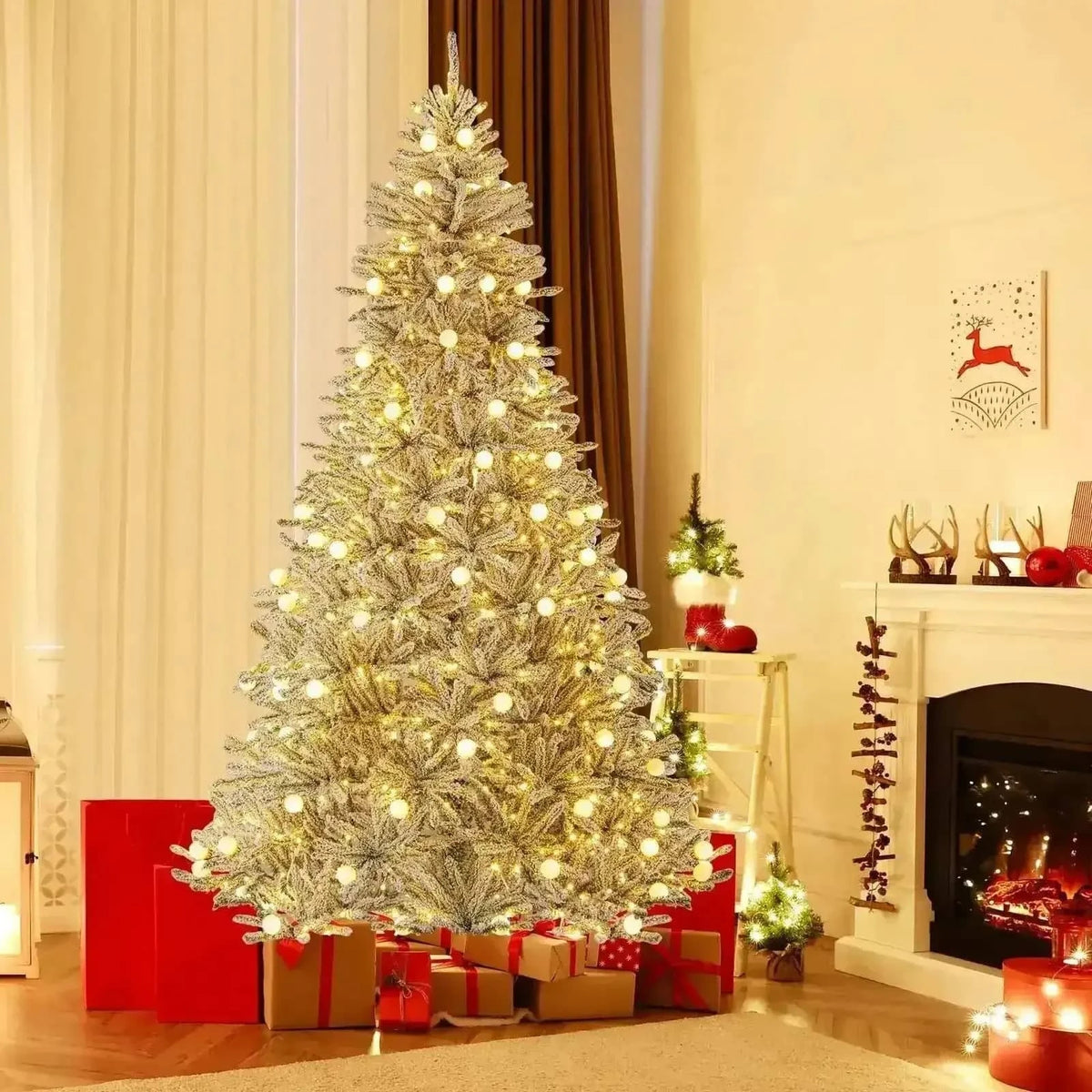 6 Feet Snow-flocked Artificial Christmas Tree Pre-lit Hinged with 81 Sphere Lights and Remote Cartsfy Inc.