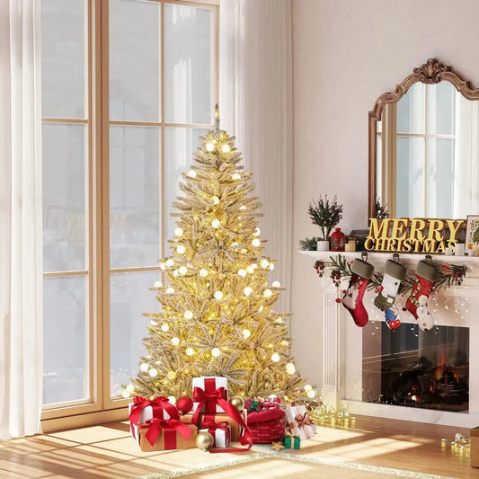 6 Feet Snow-flocked Artificial Christmas Tree Pre-lit Hinged with 81 Sphere Lights and Remote Cartsfy Inc.