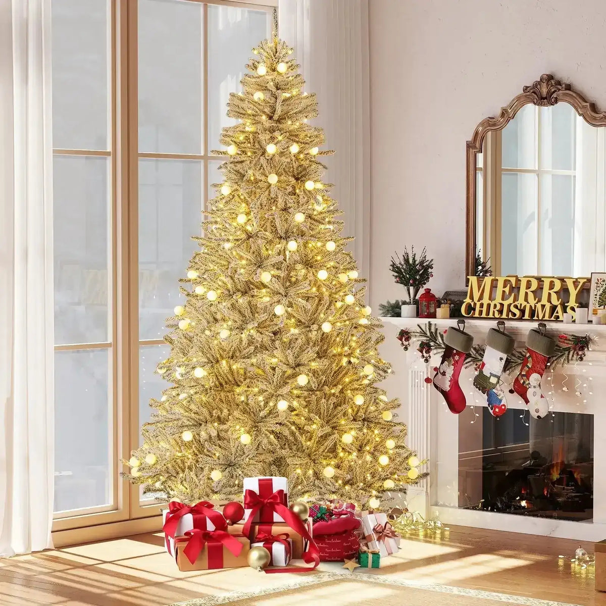 6 Feet Snow-flocked Artificial Christmas Tree Pre-lit Hinged with 81 Sphere Lights and Remote Cartsfy Inc.