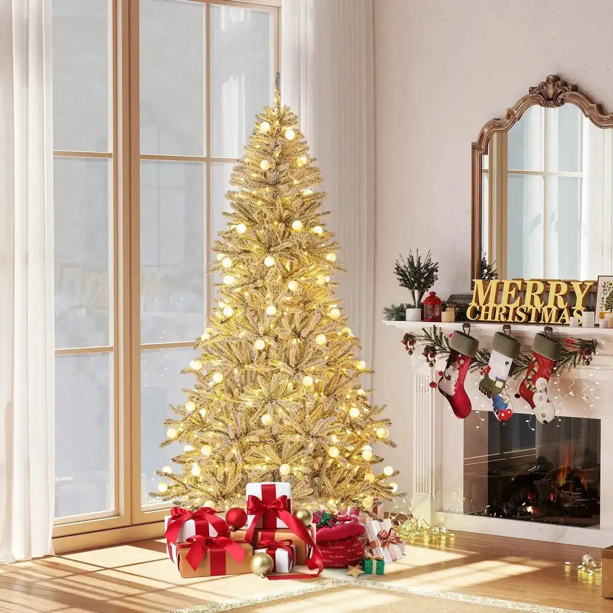 6 Feet Snow-flocked Artificial Christmas Tree Pre-lit Hinged with 81 Sphere Lights and Remote Cartsfy Inc.