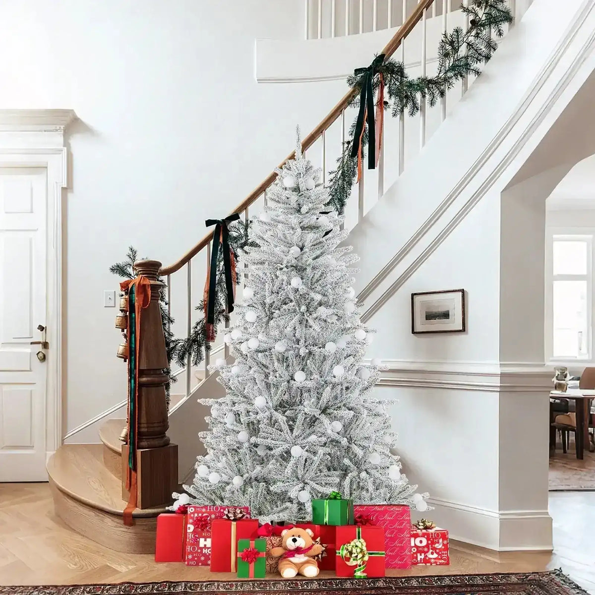 6 Feet Snow-flocked Artificial Christmas Tree Pre-lit Hinged with 81 Sphere Lights and Remote Cartsfy Inc.