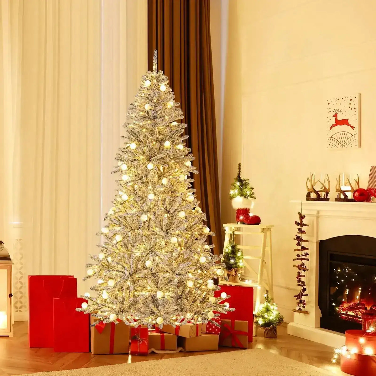 6 Feet Snow-flocked Artificial Christmas Tree Pre-lit Hinged with 81 Sphere Lights and Remote Cartsfy Inc.