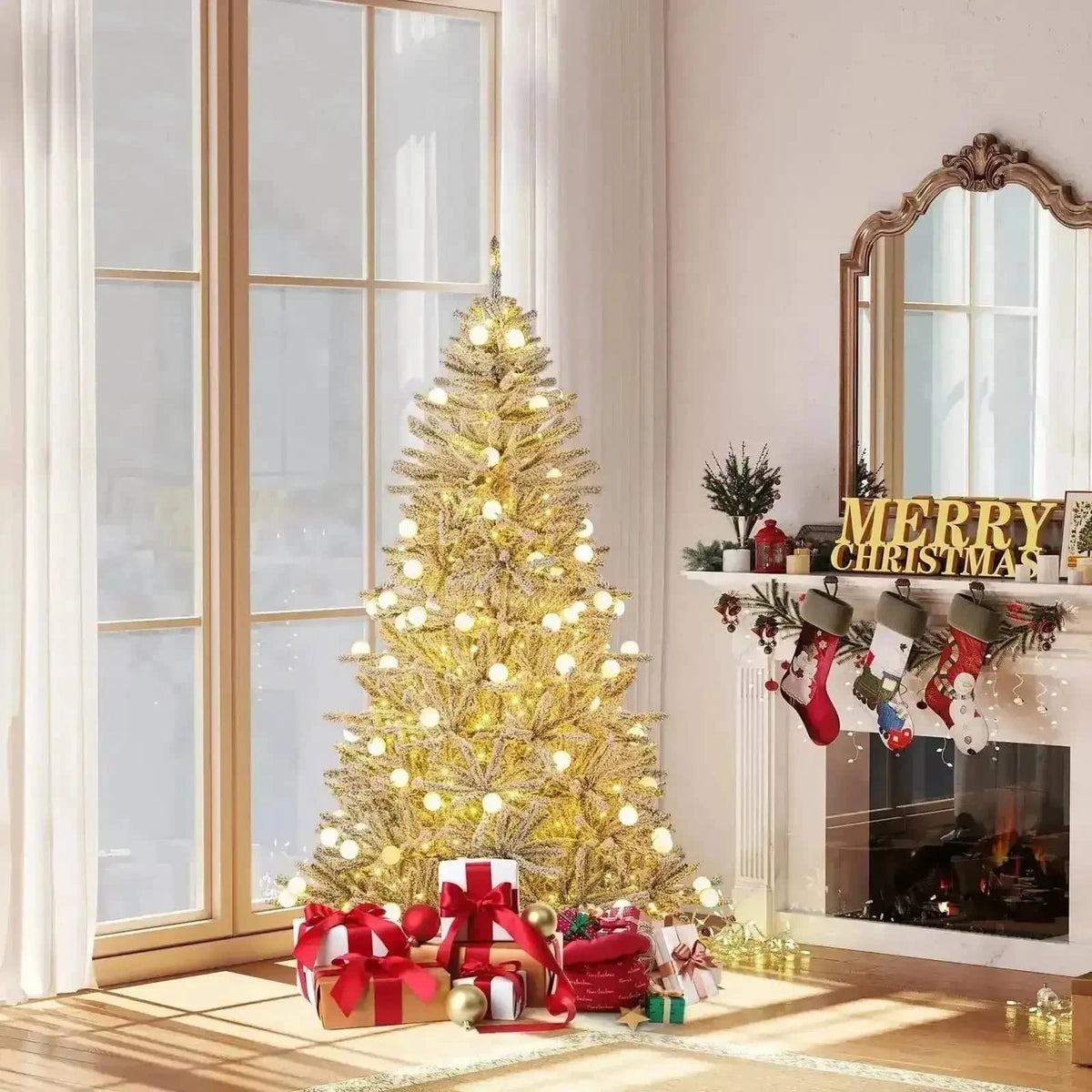 6 Feet Snow-flocked Artificial Christmas Tree Pre-lit with Sphere Lights and Remote Control