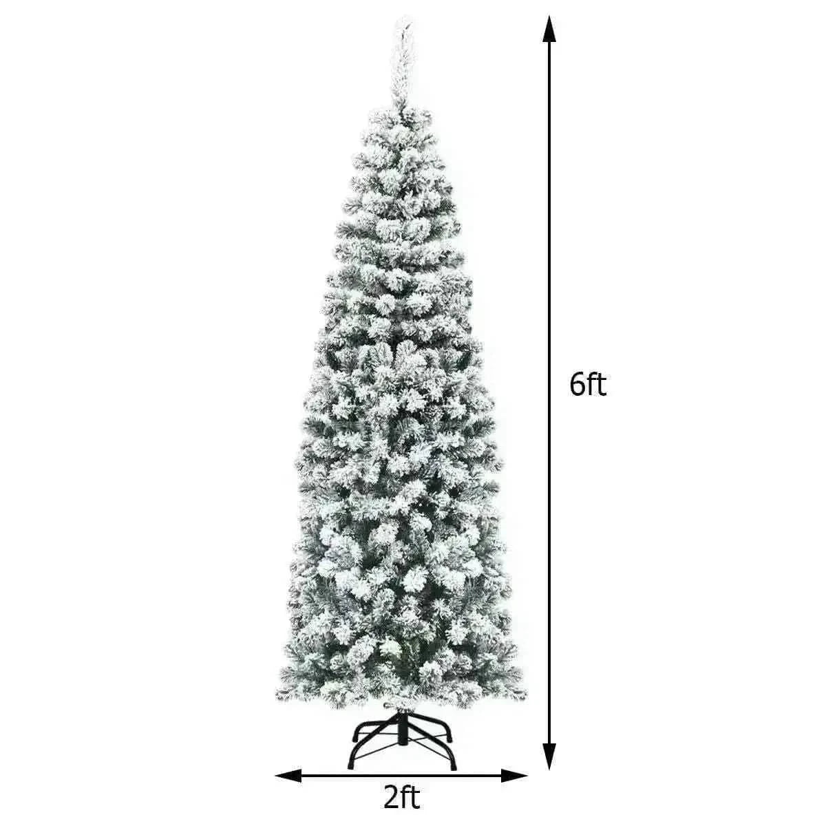 6 Feet Unlit Hinged Snow Flocked Artificial Pencil Christmas Tree with 500 Branch Tip