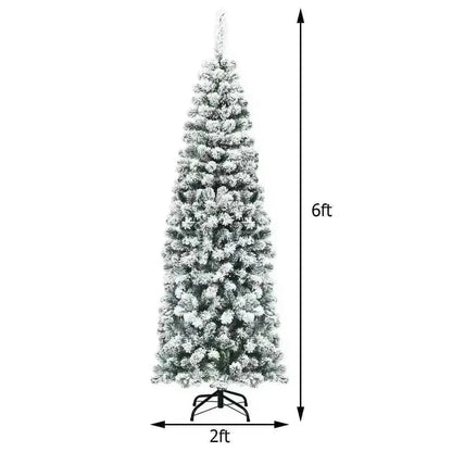 6 Feet Unlit Hinged Snow Flocked Artificial Pencil Christmas Tree with 500 Branch Tip