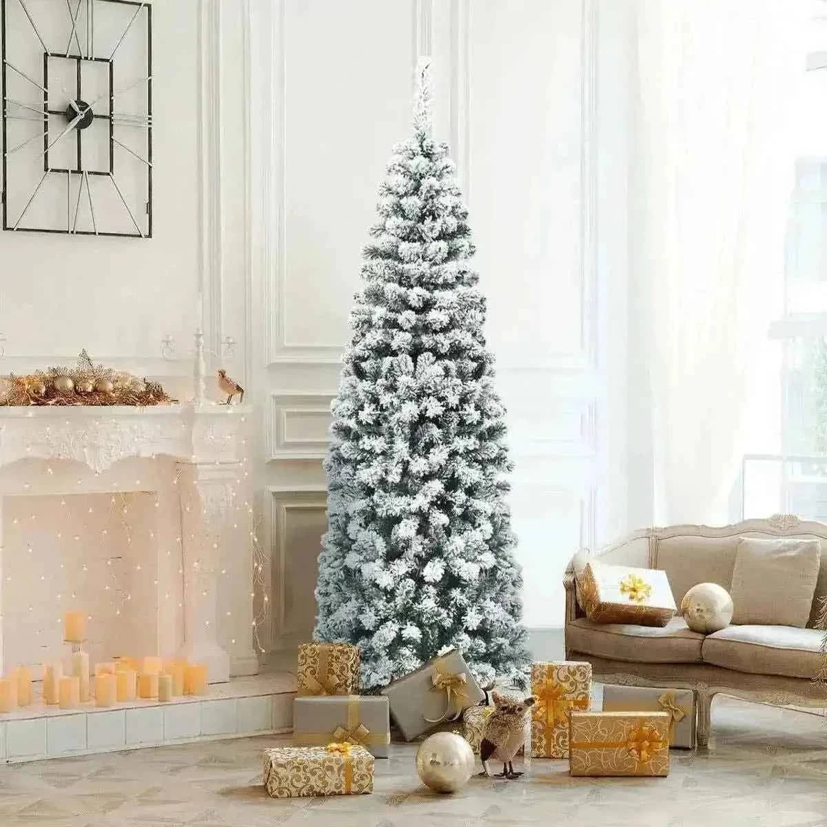 6 Feet Unlit Hinged Snow Flocked Artificial Pencil Christmas Tree with 500 Branch Tip