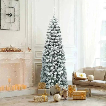 6 Feet Unlit Hinged Snow Flocked Artificial Pencil Christmas Tree with 500 Branch Tip