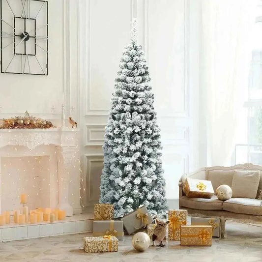 6 Feet Unlit Hinged Snow Flocked Artificial Pencil Christmas Tree with 500 Branch Tip