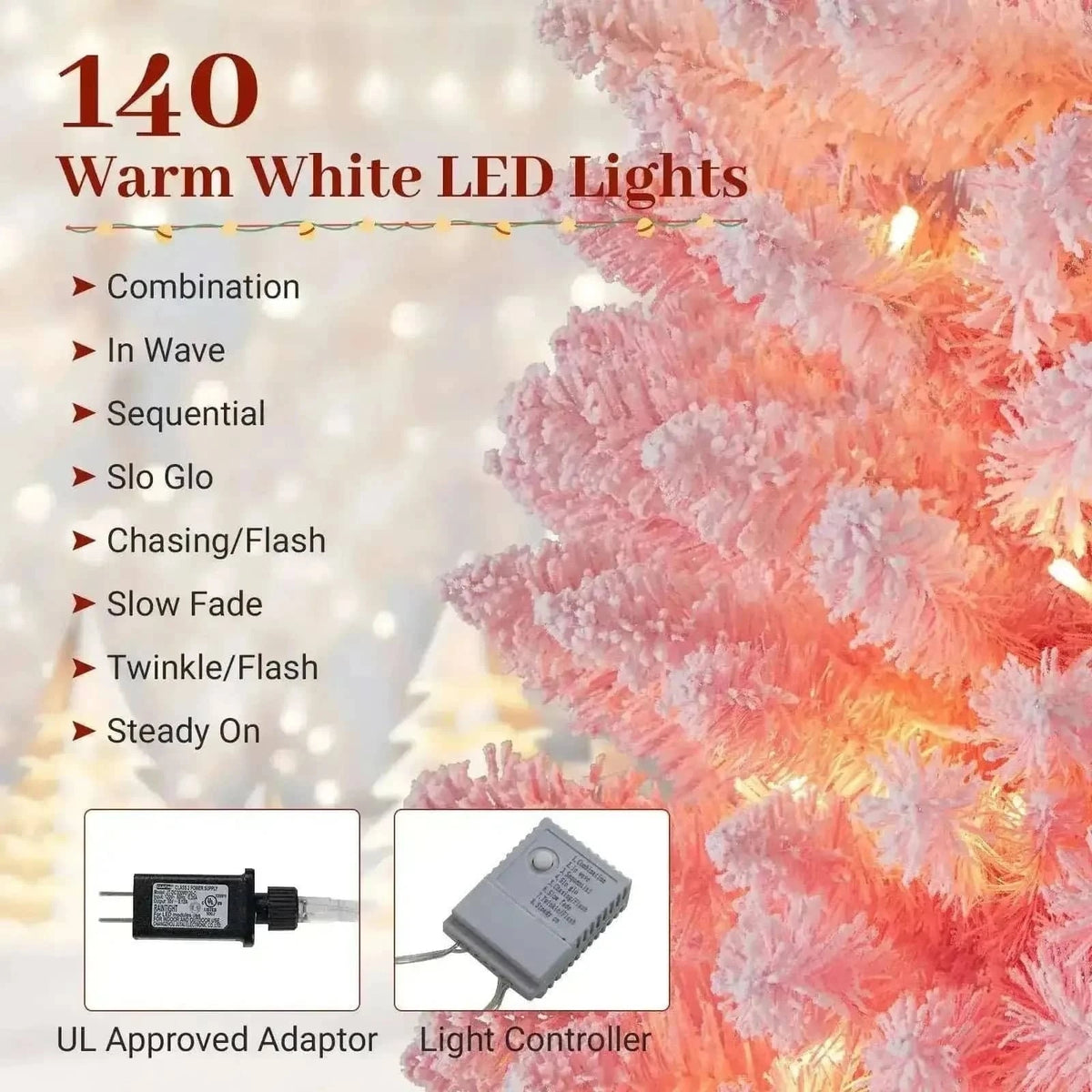 6 FTSnow-flocked Artificial Pink Christmas Tree Pre-lit Hinged Xmas Tree for Holiday Decoration Cartsfy Inc.