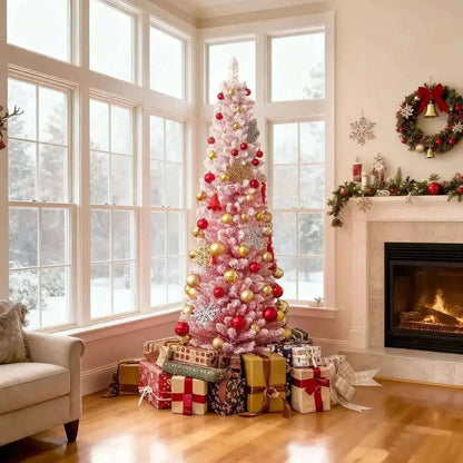 6 FTSnow-flocked Artificial Pink Christmas Tree Pre-lit Hinged Xmas Tree for Holiday Decoration Cartsfy Inc.