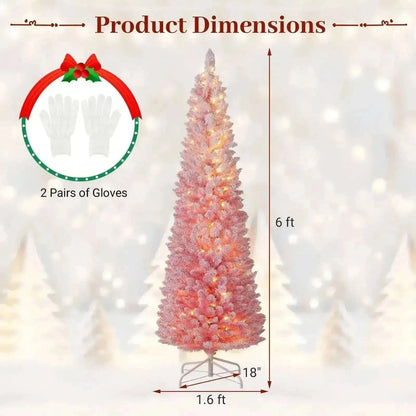6 FTSnow-flocked Artificial Pink Christmas Tree Pre-lit Hinged Xmas Tree for Holiday Decoration Cartsfy Inc.
