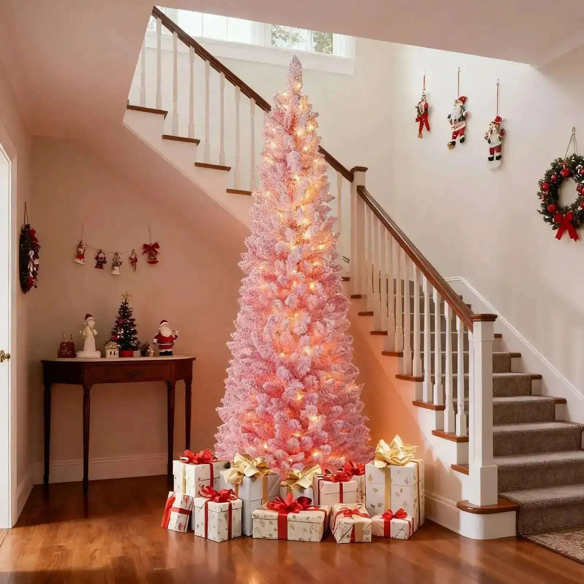6 FTSnow-flocked Artificial Pink Christmas Tree Pre-lit Hinged Xmas Tree for Holiday Decoration Cartsfy Inc.