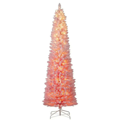 6 FTSnow-flocked Artificial Pink Christmas Tree Pre-lit Hinged Xmas Tree for Holiday Decoration Cartsfy Inc.