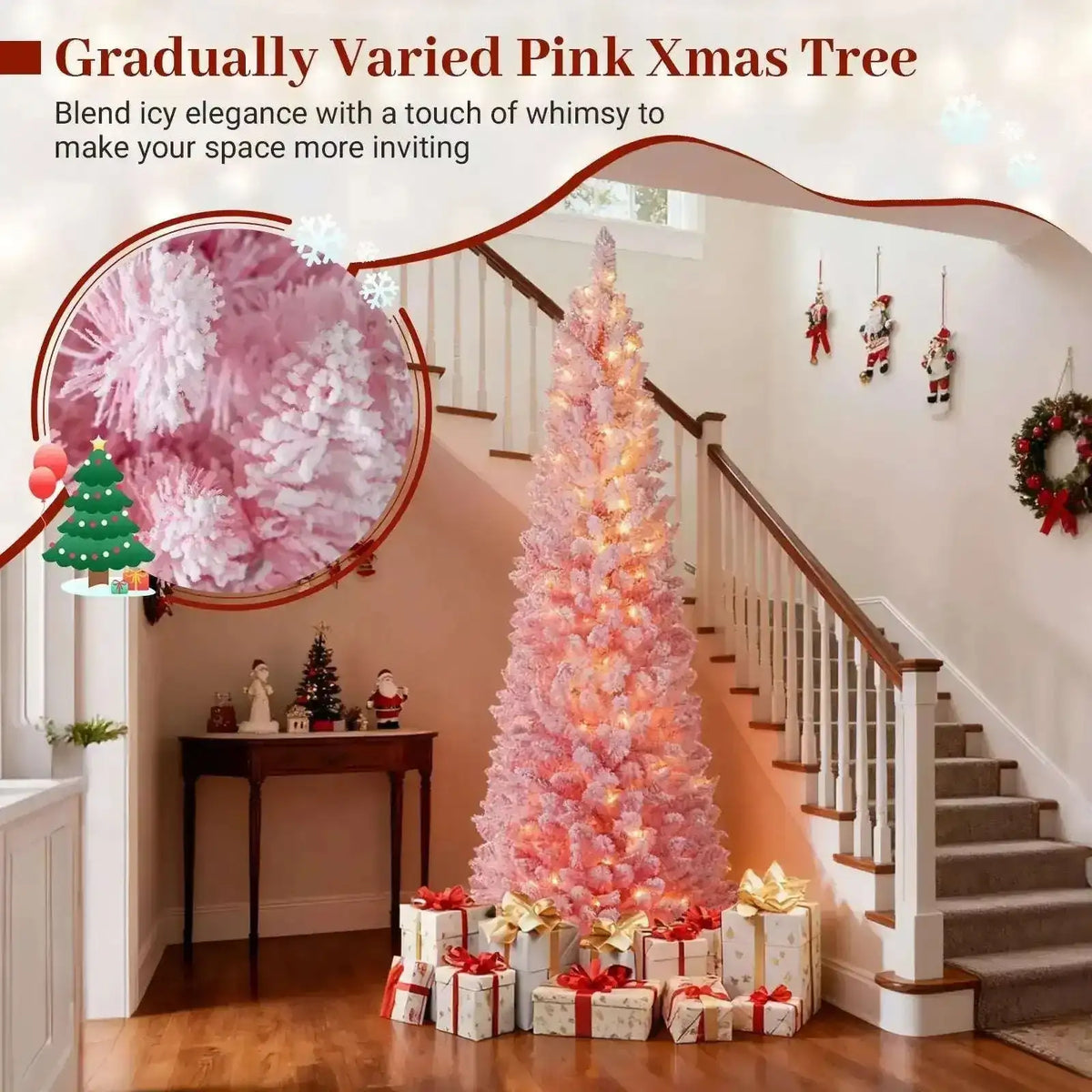 6 FTSnow-flocked Artificial Pink Christmas Tree Pre-lit Hinged Xmas Tree for Holiday Decoration Cartsfy Inc.