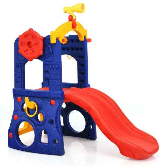 Blue kids slide playset with red slide, yellow basketball hoop and ring targets