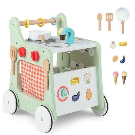 6-in-1 Wooden Baby Stroller with Play Kitchen for Kids Over 12 Months-Green Cartsfy Inc.