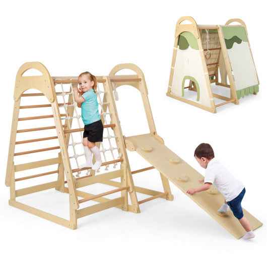 6-in-1 Wooden Kids Jungle Gym Playset with Slide Climbing Net-Natural Cartsfy Inc.