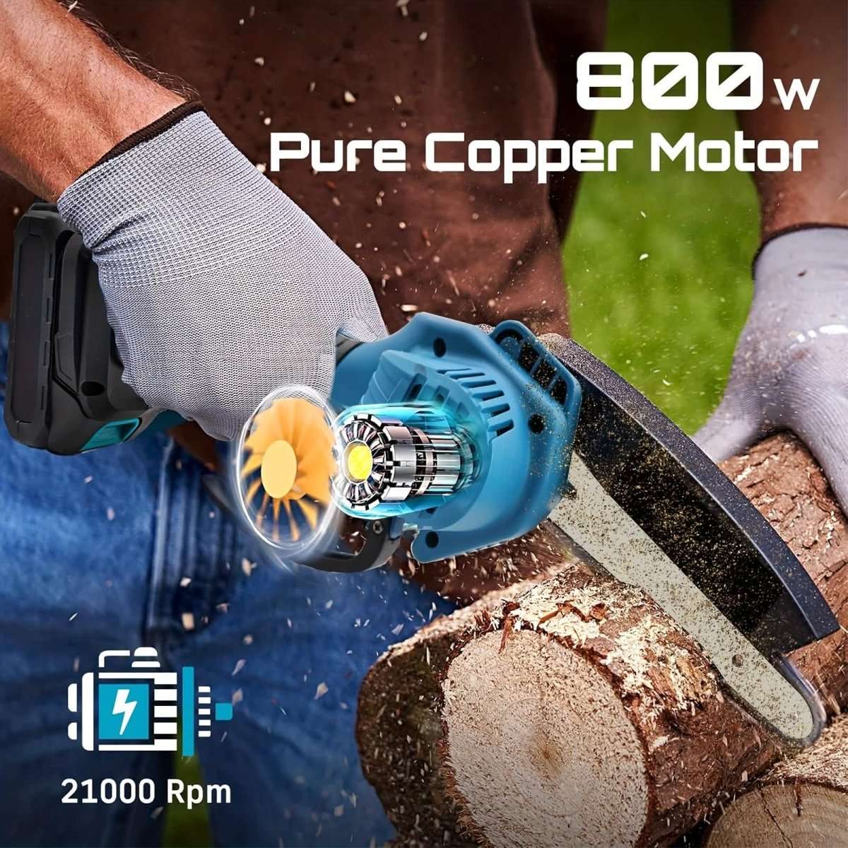 Cordless mini chainsaw motor housing and cutting bar during wood cutting, gloves visible