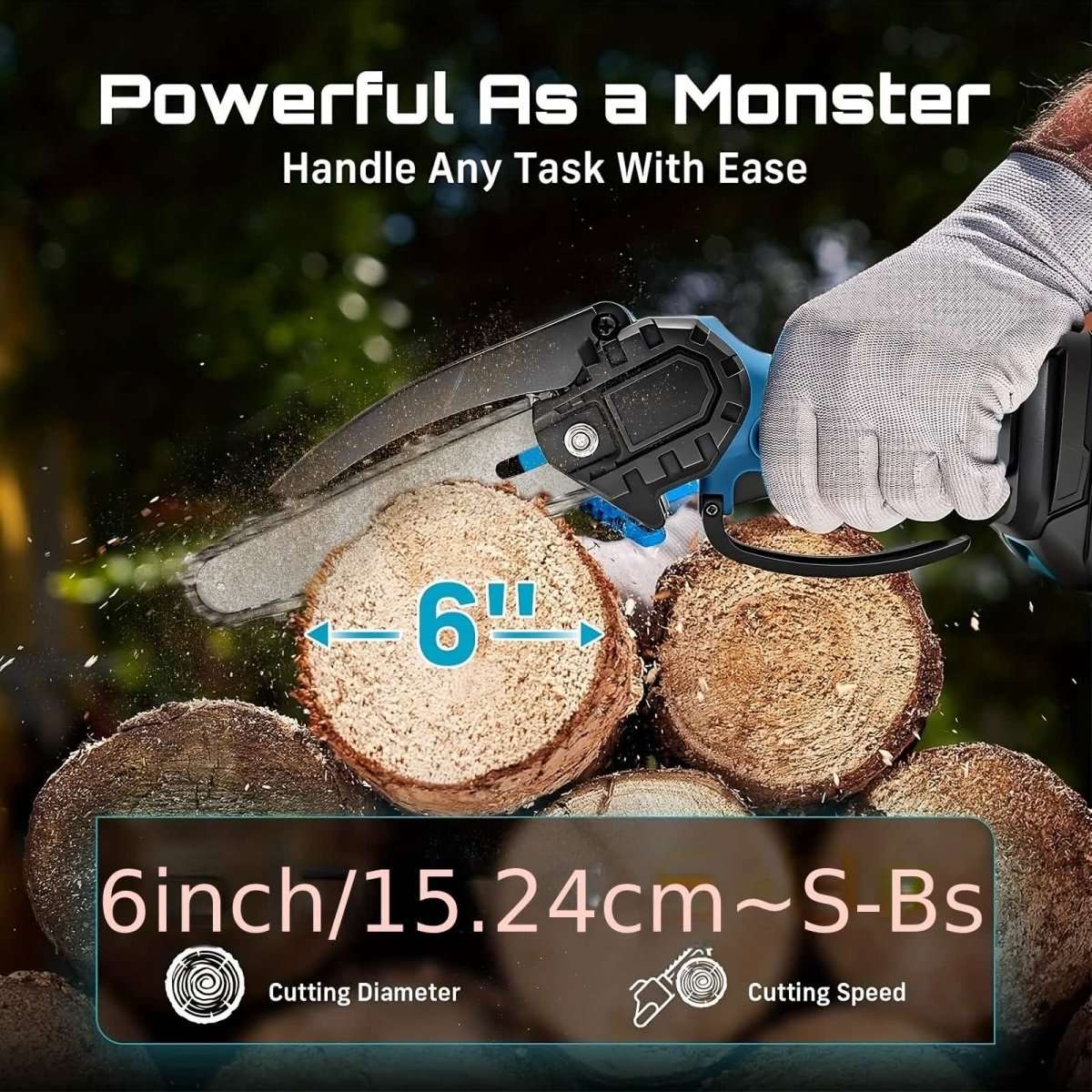 Handheld cordless mini chainsaw cutting a wood log with front safety guard