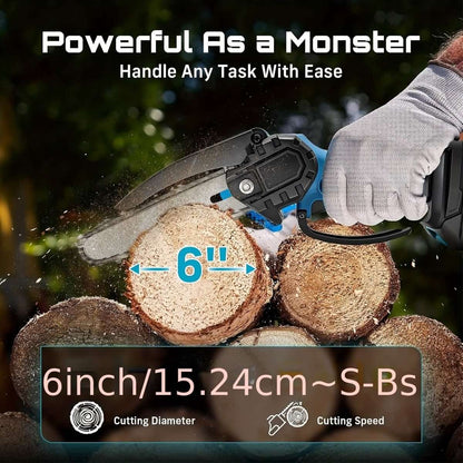 Handheld cordless mini chainsaw cutting a wood log with front safety guard