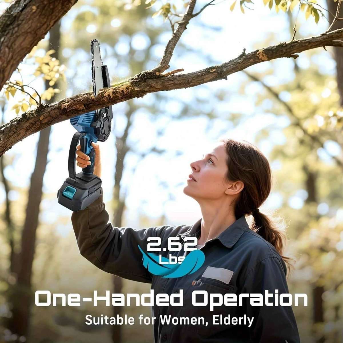 Handheld cordless mini chainsaw held by a person for outdoor cutting