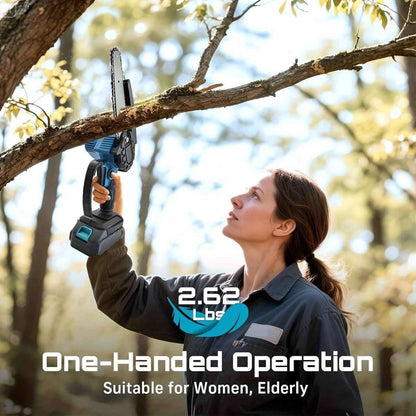 Handheld cordless mini chainsaw held by a person for outdoor cutting