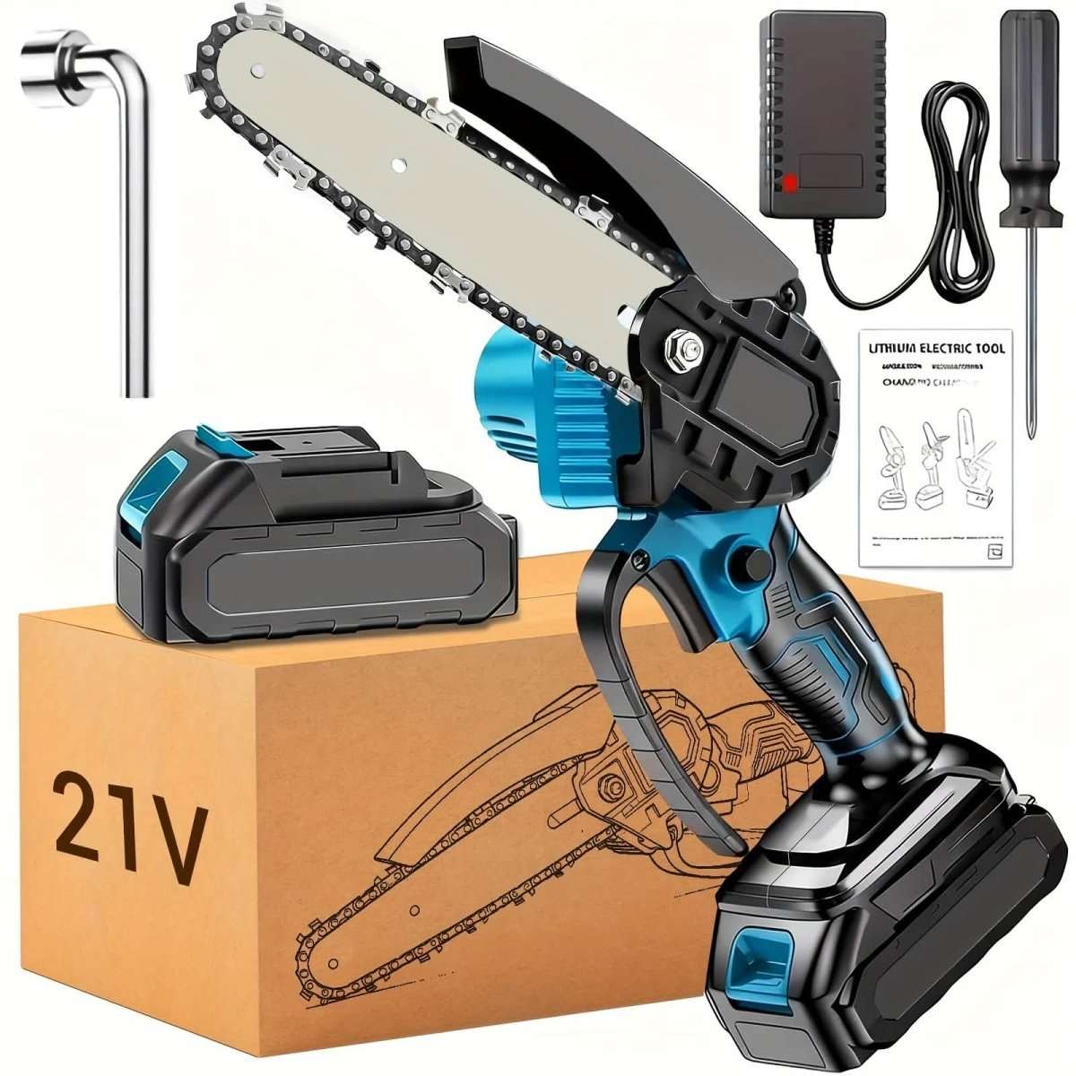Cordless mini chainsaw with blue battery pack and charger, handheld electric design