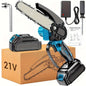 Cordless mini chainsaw with blue battery pack and charger, handheld electric design
