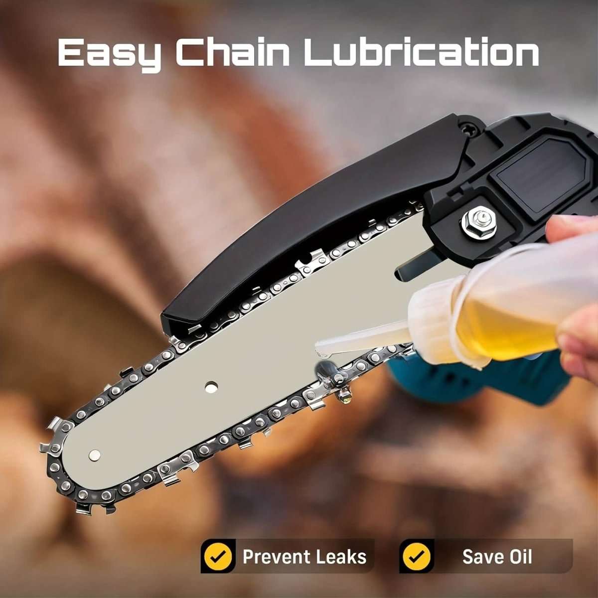 Cordless mini chainsaw chain bar being oiled with bottle, bar and chain close-up