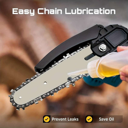 Cordless mini chainsaw chain bar being oiled with bottle, bar and chain close-up