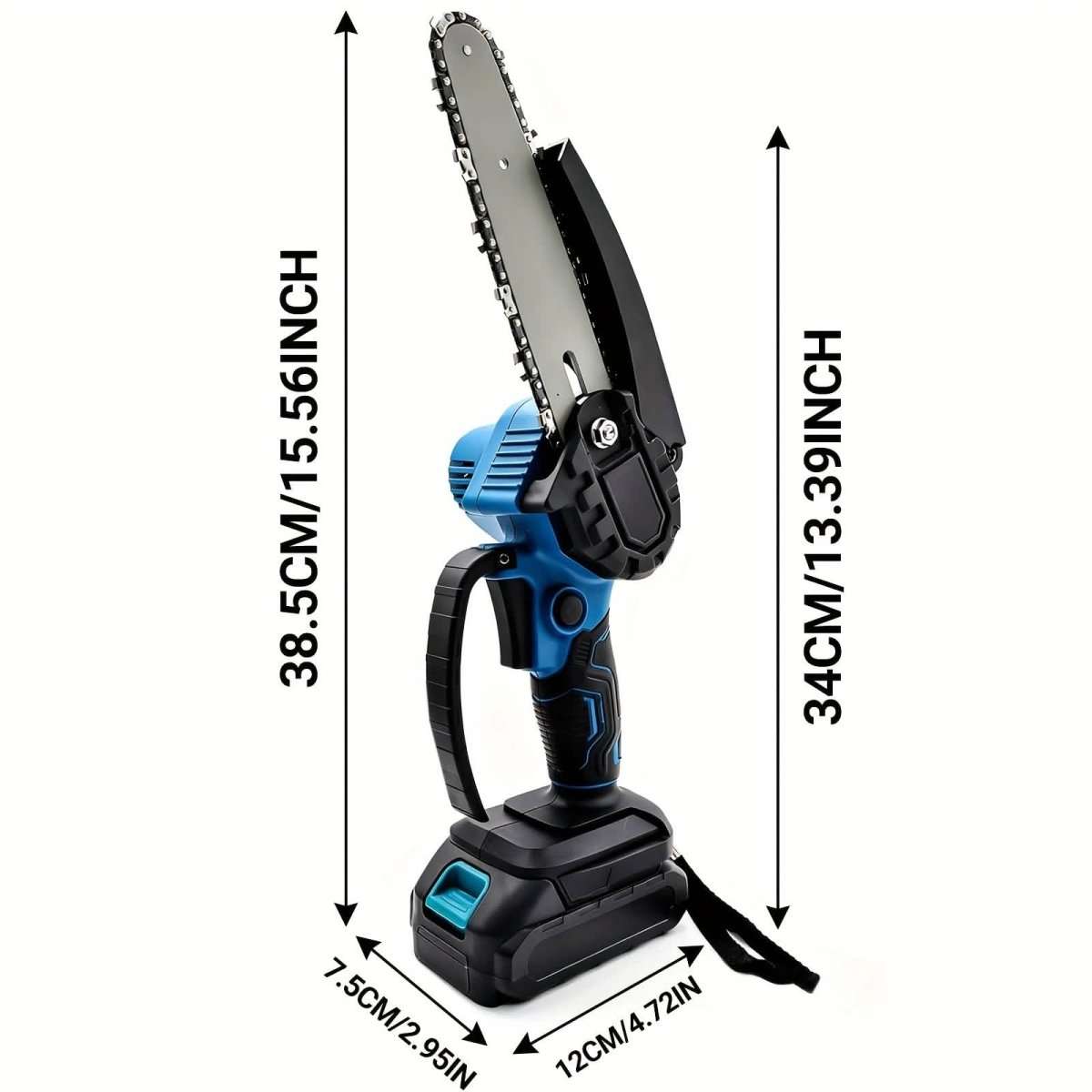 Cordless mini chainsaw on stand with guide bar and chain, showing height and length