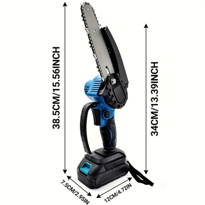 Cordless mini chainsaw on stand with guide bar and chain, showing height and length