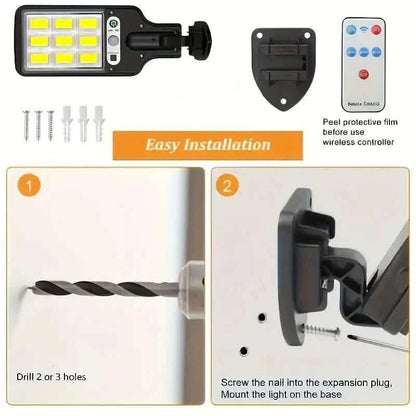 Solar motion sensor light mount kit with screws and wireless controller remote