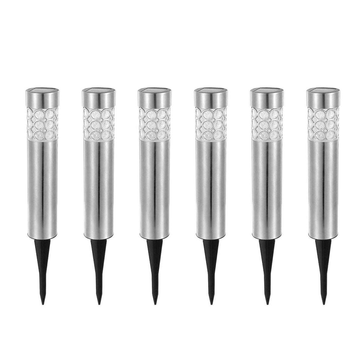 6-pack outdoor solar garden lights with stainless steel tubes and black stake bases