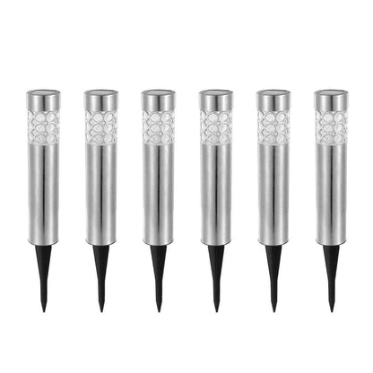 6-pack outdoor solar garden lights with stainless steel tubes and black stake bases