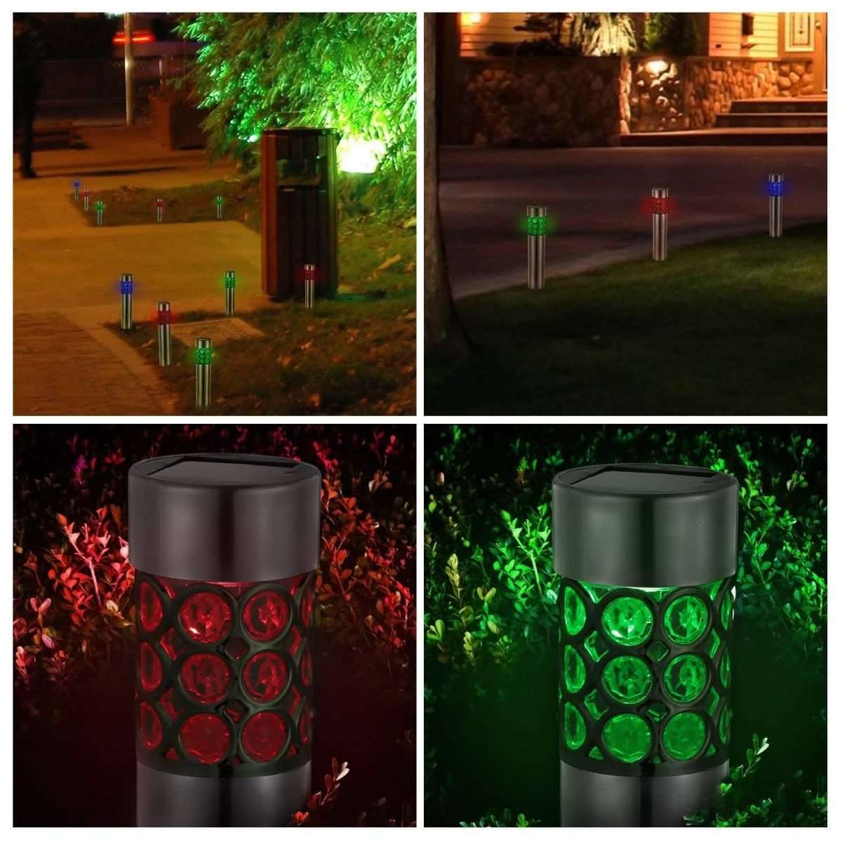 Outdoor solar garden lights in a yard emitting green and red and blue light