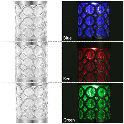 Outdoor solar garden light lens showing blue, red, and green color options