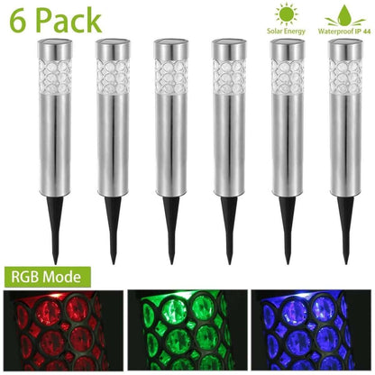 6-pack outdoor solar garden lights with circular lens pattern and black ground spikes