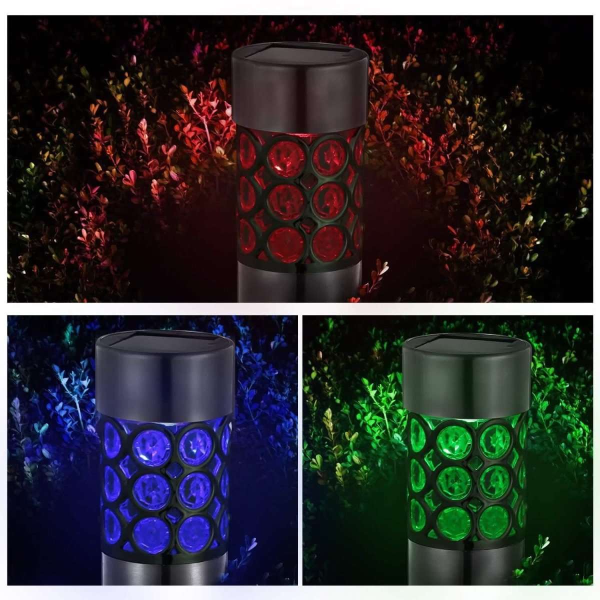 Outdoor solar garden light with red, blue, and green RGB glow through lens