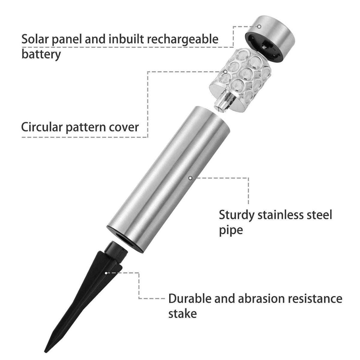 Outdoor solar garden light with stainless steel pipe, circular lens cover, and black stake
