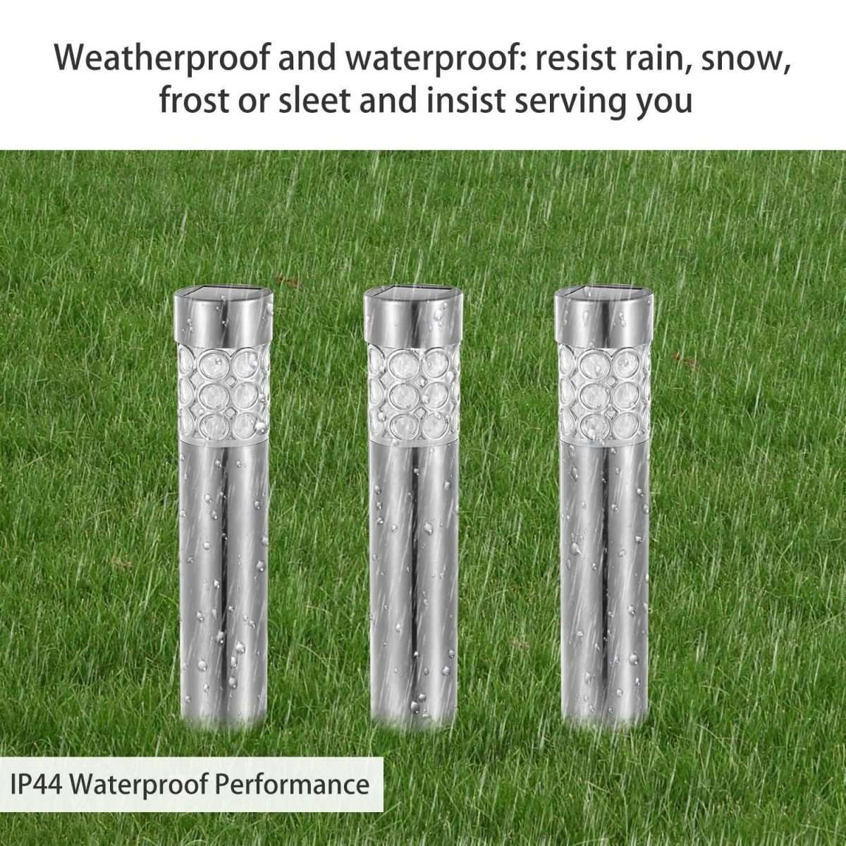 Set of 3 outdoor solar lights, silver metal cylinder with clear patterned lens