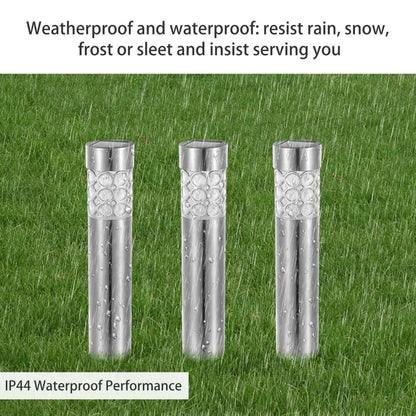 Set of 3 outdoor solar lights, silver metal cylinder with clear patterned lens