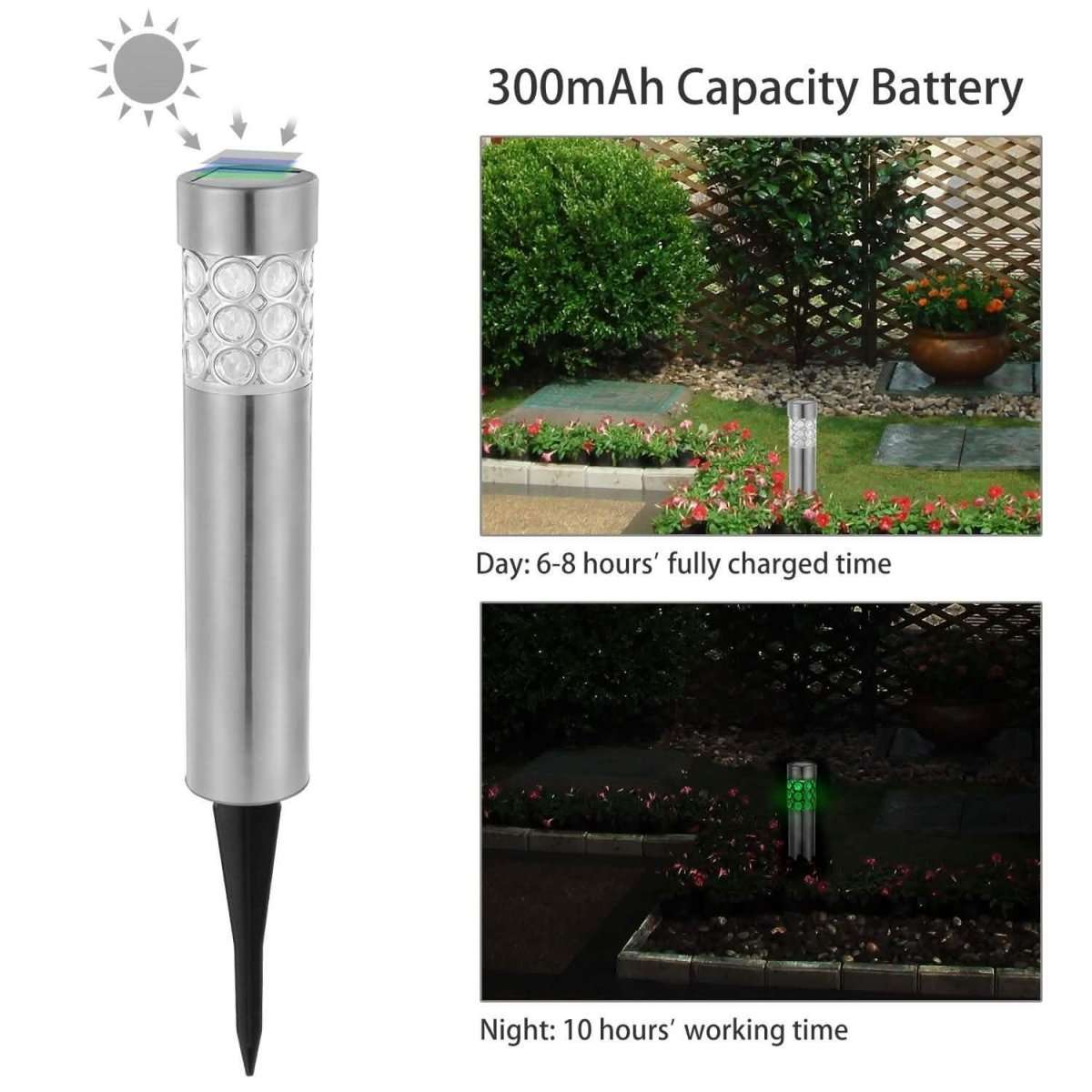 Outdoor solar light, silver stainless cylinder with round glass lens and black ground stake