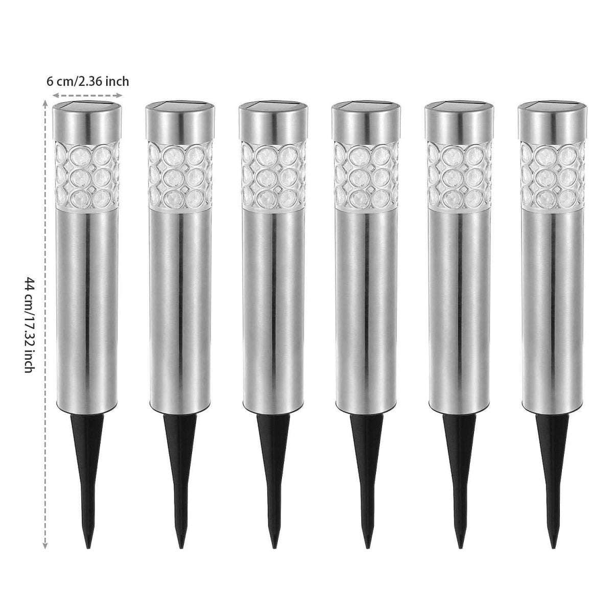 6-pack outdoor solar garden lights showing full stainless steel body and black spike