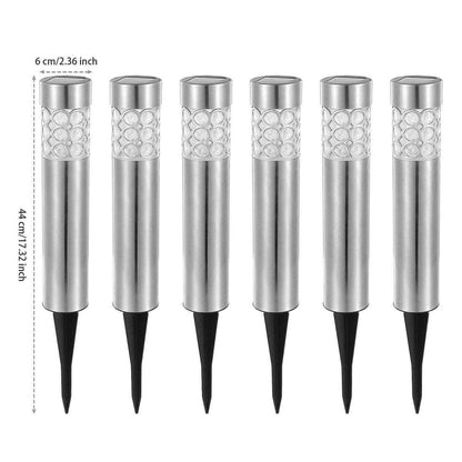 6-pack outdoor solar garden lights showing full stainless steel body and black spike