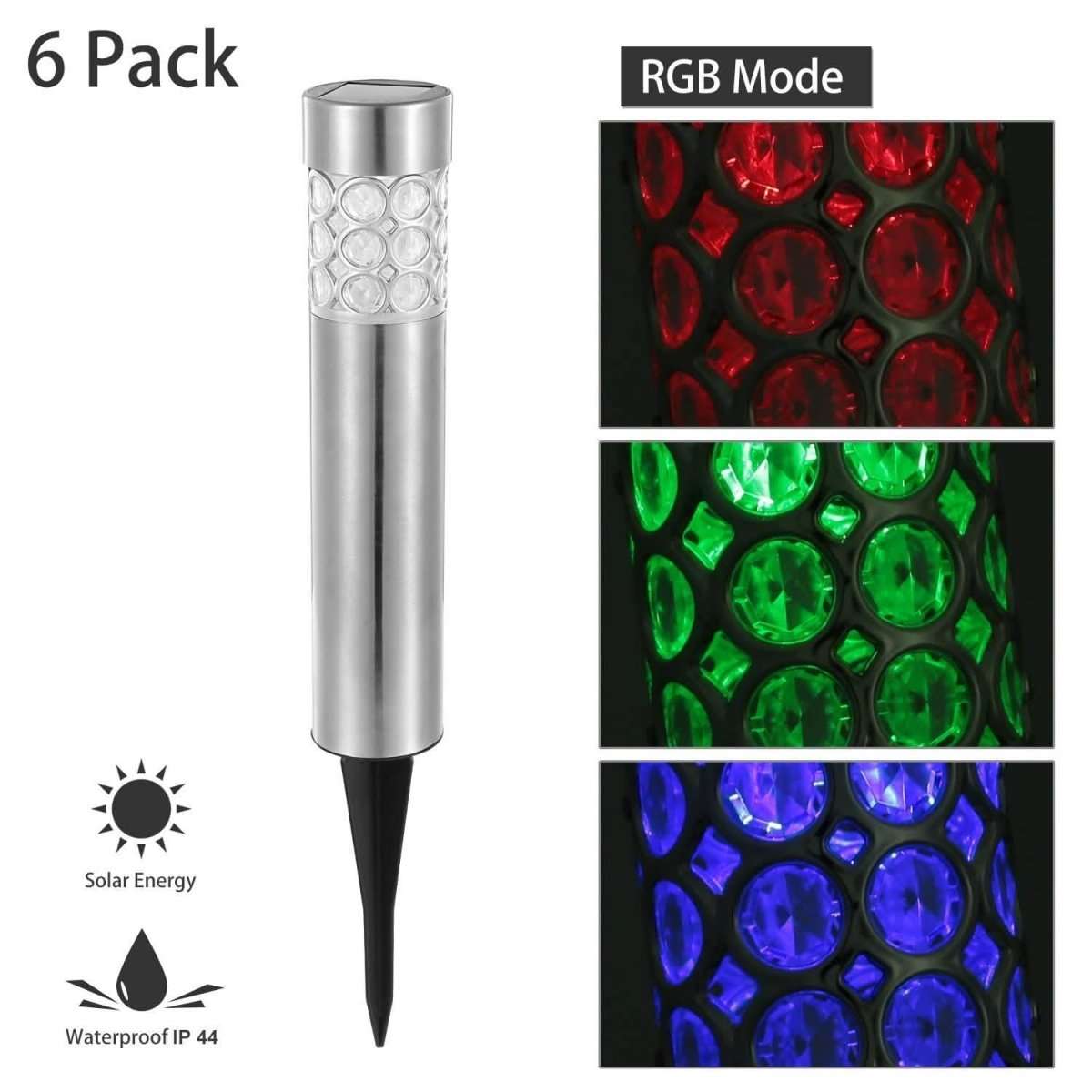 Outdoor solar garden light with stainless body, black spike, and RGB mode lens