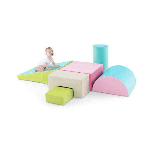 Foam climbing block playset: green rectangle, beige blocks, pink and blue pieces