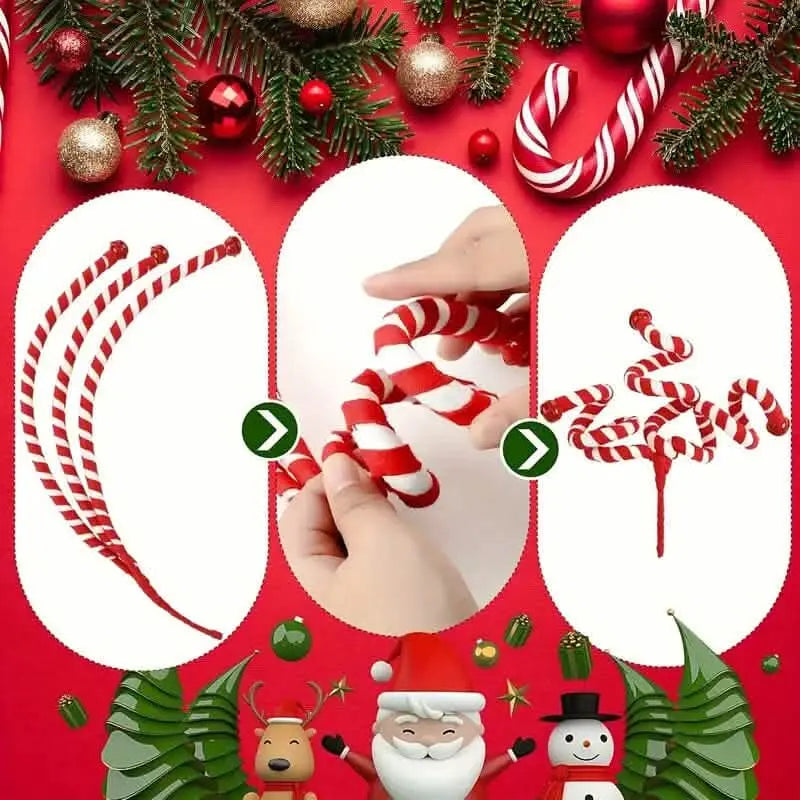 Red and white striped spiral candy Christmas decoration pick held by hand
