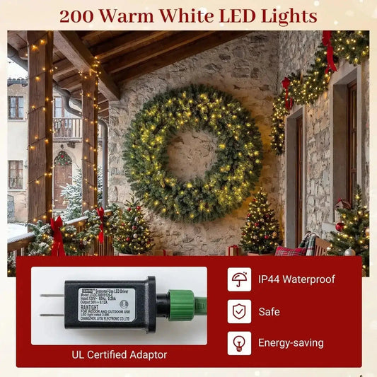 60 Inch Pre-Lit Artificial Christmas Wreath 200 LED Warm White Lights Cartsfy Inc.
